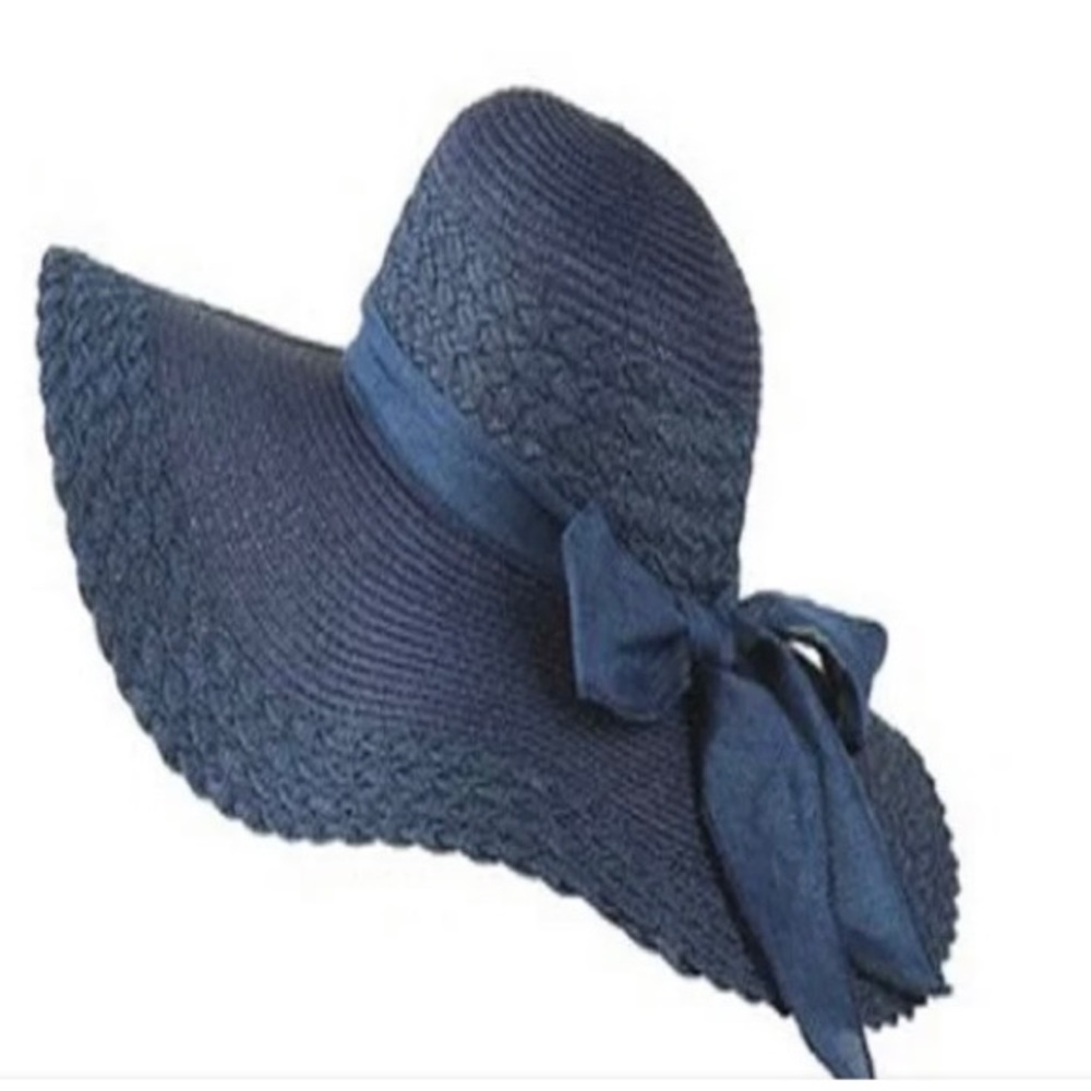 NWT Navy Blue Wide Brim Straw Beach Sun Hat with Bow OS - Picture 2 of 2